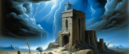 A light blue Arabian fortress in a thunderstorm painted by Thomas Hart Benton