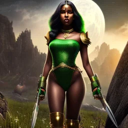 fantasy setting, dark-skinned woman, indian, green hair on the front