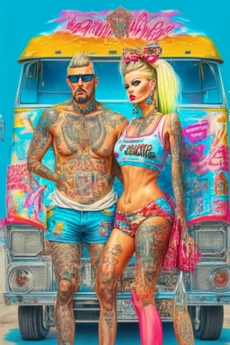 Consumerist Trailer Park God And Goddess Covered In Brand Tattoos With Giant Logos All Over Their Clothes; Pop Art Renaissance Trailer Trash Painting; Insanely Detailed; award-winning portfolio piece, provocative, psychedelic, Magnificent.