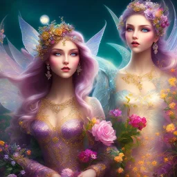 bright fairy, beautiful portrait, flowery landscape