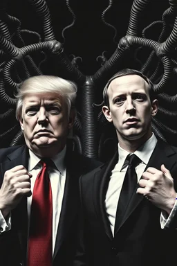 Trump and Mark Zuckerberg as goth punk rockers in the style of Giger and Escher