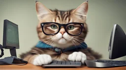 very clever cat with glasses playing computer games
