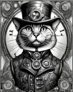 Steampunk cat Coloring Book Page, highly detailed.full body portrait, black and white.