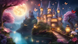 castello magico da favola luce luce magia magia giorno fate fatine gnomi farfalle elfi stelle comete fiori ruscello barca lanterne