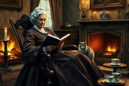 create an elegant old English parlor scene, noble elderly woman in richly detailed 1800s gown, seated by a roaring fireplace in a rocking chair, reading as a fluffy Persian cat with glowing green eyes rests on her lap, candlelight flickering, antique wallpaper, teacup and porcelain tray nearby --ar 3:2 --v 7 --style raw