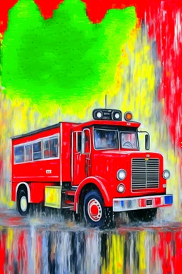 firetruck, spraying water, abstract expressionist