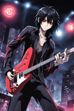 A 30 years old male guitarist playing guitar at a midnight concert, red creepy alien eyes, black hair, athletic build, correct hands, in the style of manga "Rosario+Vampire"