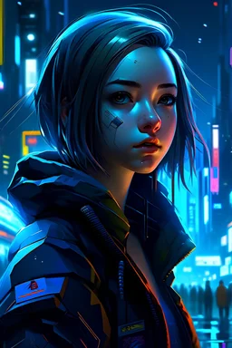 Nighttime cyberpunk city in background, cute girl looking at viewer in front, 1920x1080 resolution