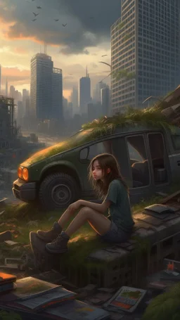 A girl sitting on top of a wall in an apocalyptic world, with broken skyscrapers, wild plants, and rusty vehicles