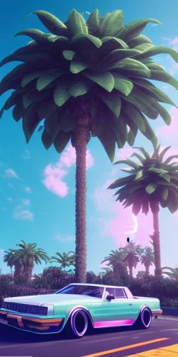 1980's aesthetic vaporwave palm trees with spheres and car