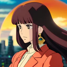 Young business woman, dark orange eyes, dark brown hair, elegant hair, thin lips, gold hoop earrings, waist up portrait, 8k resolution, intricate details, ornate details, soft lighting, vibrant colors, retroanime, masterpiece, realistic, intricate eyeliner, dark eyeshadow, eyes,futuristic cityscape background