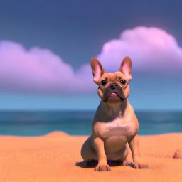 detailed illustration of a french bulldog muscles standing on the sand, french bulldog wallpaper, luminous body, sparkling body, full body, symmetrical body, realistic, luminous body, clear focus, carefully detailed, soft evening sky, muscular body, hulk body, a lot of muscles on the body, realistic body, beautiful dog, art picture, high resolution, powerful dog, chain around the neck, lots of muscles on the dog body, french bulldog in muscles, bodybuilder, muscles, 64k