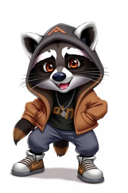 A cheeky racoon, streetwear, attitude,white background, 2d animation