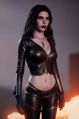 Sophia Vergera as evil queen in black leather, cleavage, angry, stern look, unreal 5, octane render,cinema4d, dynamic lighting, dramatic lighting, 4k, redshift render, highly detailed, hyper realistic