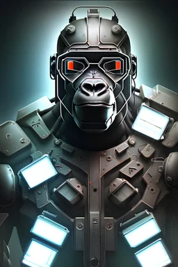 realistic cyberpunk style geometric robotic gorilla wearing rectangular goggles and a high tech cybersuit with various wires lights and doodads made of reflective black plastic rusted metal and discarded electronic parts looking up into the sky in harsh high contrast lighting from the top