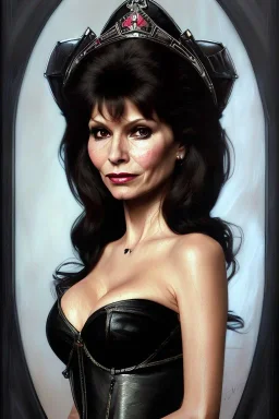 painting of victoria principal as evil queen in black leather, feminie, angry, stern look on her face, volouptous, busty, cleavage, emperious, mature, highly detailed, digital painting, artstation, concept art, smooth, sharp focus, illustration, art by gaston bussiere and alphonse mucha