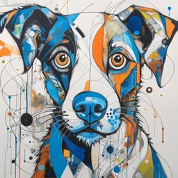 A colorful, abstract painting of a dog with exaggerated features. The dog has large eyes, a patchwork of blue, orange and tan fur, with black outline details giving a scribbled effect. the image is in the middle of a white canvas. The background should be clean and mostly white, with subtle geometric shapes and thin, straight lines that intersect with dotted nodes.The style is expressive and textured, reminiscent of outsider art.
