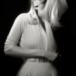 Mujer rubia iluminada, retrato medio cuerpo, iluminada potentemente desde el lado derecho, blanco y negro vaporoso, peinado a lo Verónica Lake al estilo del fotógrafo Hugo Alonso
