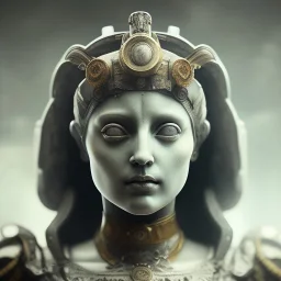 a greek marmor statue of athena, steam punk, scary, horror, realistic, made in octane, cinematic, movie, CGI, ultra-realistic, extremely detailed octane rendering, 8K, VRAY Super Real ar 2:3, dof photorealistic futuristic 50mm lens hard lighting dark gray tintype photograph, realistic lighting, sephia colors