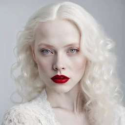 extremely realistic image of an gorgeous albino woman, extremely white skin and hair, white lace clothes, (red lips), light grey eyes, ultra sharp focus, white background, studio photography by MSchiffer, shot with Sony Alpha a9 Il and Sony FE 200-600mm f/5.6-6.3 G OSS lens, natural ligh, hyper realistic photograph, ultra detailed -ar 1:1 —q 2 -s 750)