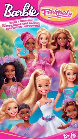 Create a vibrant image cover for a Barbie fun book featuring Barbie and her friends engaged in exciting adventures! Picture Barbie leading her friends on a colorful journey through fantastical landscapes filled with magic, friendship, and endless fun. Include iconic Barbie elements like glamorous outfits, sparkles, and smiles.