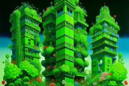 Neon green towers covered in flowers painted by MC Escher