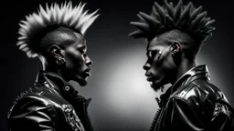 two Afro-American males facing each other in profile, confrontational stance, high-contrast black and white, deep shadows, bright rim lighting, dark studio background, punk spiked mohawk hairstyles, metallic reflective jackets, skin highlights, intricate chrome ear frames and jawline exoskeleton jewelry, biomechanical ear cuffs, sculptural contours, sharp silhouettes, cinematic low-key photography, cyberpunk aesthetic, symbolic duality, tension, dramatic