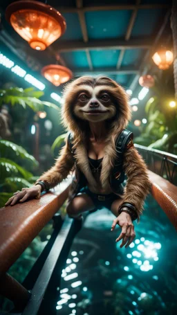 fish-eye photo of furry hairy pimp rocker alien gremlin sloth woman on bridge over water slide magically levitating in dark lit reflective wet jungle hall hotel tunnel, in the style of fallout 4 game,bokeh like f/0.8, tilt-shift lens 8k, high detail, smooth render, down-light, unreal engine, prize winning