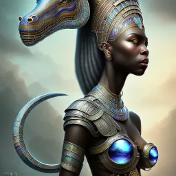 sango fantasy, fantasy magic, intricate, sharp focus, illustration, highly detailed, digital painting, concept art, matte, masterpiece head sexy view black African beauty black afro hair earth lady silver dinosaur head Egyptian princess