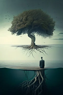 a tree and sad man in the middle of sea