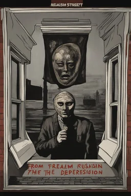 realism, street, russian depression, music album, from the window, depression, russian 90, post punk, man with old god mask, poster