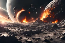 create a wildly imaginative otherworldly, chaotic destruction of a planet from a massive asteroid impact, highly detailed, digital composite, 8k,