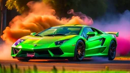 green lamborhini murcielago drifting in the smoke --chaos 80 --ar 16:9 --style raw --stylize 700