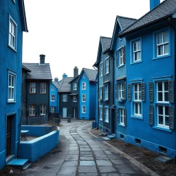 Fotografia di strada assurda e falsa orripilante blu weirdcore dai colori vivaci. Fantasy land. Escher e Max Ernst. Non luogo utopico falso, inusuale. Max Ernst. Le case sono false e dipinte di nero chiaro con cose stilizzate e dettagli. Ci sono finestrelle false quadrate, che danno un senso distopico e molto surreale, disposte in modo casuale. L'atmosfera generale sembra noiosa e onirica, con un contrasto tra elementi reali ed elementi dipinti falsi, René Magritte, oddest things
