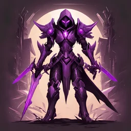 dark assassin with mech like armor with purple eyes with two blades in hand, vector, tshirt design, fantasy, hypered deails, beautiful