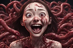 Woman with rare eyes,smiling meanwhile many worms streaming from his mouth, face distorted with pain, screaming, tears streaming, siting pose, fullbody, Junji Ito style, darkred tones,high detailed, 4k resolution, digital paiting, cute, art, no background 3d pixar disney the cinematic FKAA, TXAA, and RTX graphics technology employed for stunning detail.