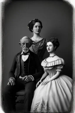 black and white old victorian couple portrait, woman sitting, tentacles beneath the woman's dress