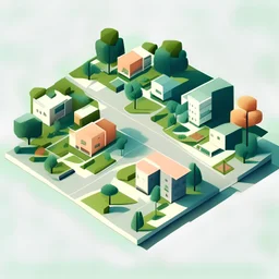 isometria estilo minimalista arquitectonico de un terreno en donde se evidencie un parque, un super mercado y viviendas a modo de transición, sin vegetación, en este orden sin unir: parque, calle, supermercado, calle, viviendas