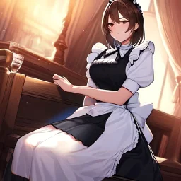 Clear focus, High resolution, girl wearing a maid outfit, medium length dark brown hair, sitting down, angry, wearing a medium skirt