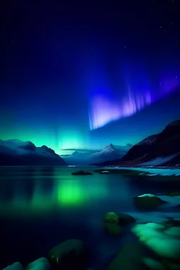 A unique photo of a bright sea and hills in the northern lights in a violet-blue shade