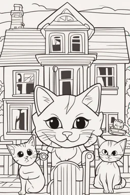 coloring page for kids, Cats in the house, cartoon style, thick lines, low detail, no shading