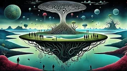 dreamlike inner world with neurodivergens soul and mind, one alone human stands on floating island over surreal weird landscape with many little humans. island with deep dark colors. Whimsical strange style of Chagall, of Quentin Blake, and Yoshitaka Amano of Anton Semenov. weird absurd beauty nightmare, in background neuronic network, Whimsical surreal vibe, cinematic