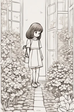 A little girl exploring a garden filled with square-shaped flowers and bushes. Incorporate squares for flower petals, windows, and garden pathways.,very happy , Colloring page for todlliers ; basic hawali style cartoon , black and white , ink outlines , , smooth , anime style , minimalist , cute eyes , full body , white shose , sketchbook , realistic sketch , free lines , on paper , character sheet , clean line art high detailed