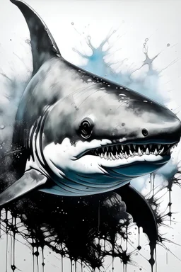 A realistic liquid ink painting of a shark