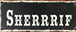 fill composition with large and wide hand painted old western sign that reads: "SHERRIF" white on black with inset white stripe aged paint sanserif