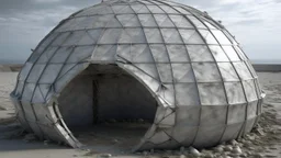 Collapsed shell — dome that partially sinks according to a weakening algorithm; deformed panels; open joints; gray-opaque atmosphere; data-generated sense of ruin.