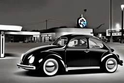 Digital Photo, 1950s, perfect perspective, night scene, a black Volkswagen beetle in front of a gas station pump, hyper realistic, hyper detailed, intricated, Frank Lloyd Wright