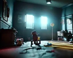 room crime scene with a muppet detective, realistic photo, with toys, concept art, minimal style, smooth, unreal engine 5, god lights, ray tracing, RTX, lumen lighting, ultra detail, volumetric lighting, 3d.