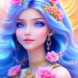 Beautyful smiling young woman, long hair amazing blue eyes, flowers, happy cosmic, bright colors, blue, pink, gold, jewels, realistic, photo real, clear sunny background, highly detailed, high contrast, 8k high definition, unreal engine 5, extremely sharp detail, light effect, sunny light background