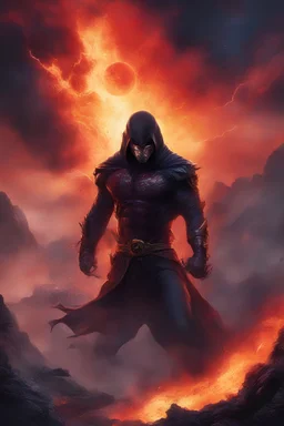 the Phantom, Strong, athletic physique, action poses, battle scars, blood, foggy, cloudy background, multicolored lightning, flowing lava, Full Eclipse, aliens, explosions, bright, vibrant, extremely colorful, detailed, blood red skies